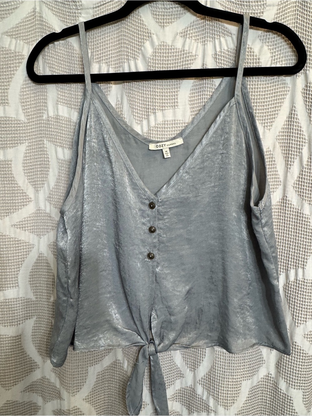 Cozy Casual Silver Satin Tie-Front Cami